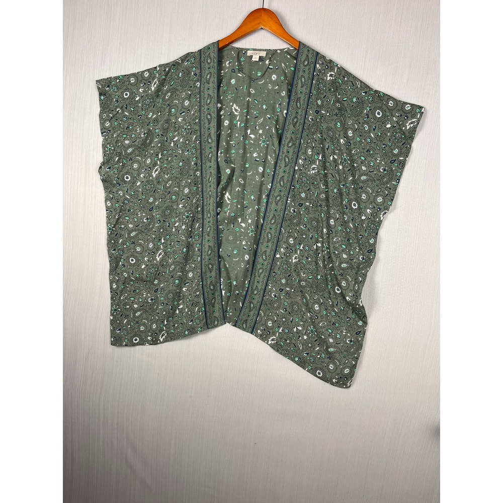 LOFT Modal Kimono Womens M/L Green Paisley Floral Open Front Wrap Boho Cardigan‎